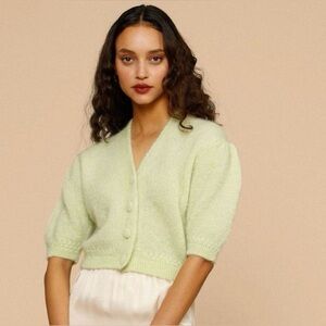 NEW Rouje Nono Pastel Green Mohair Blend Puff Sleeve Cardigan Sweater NWT